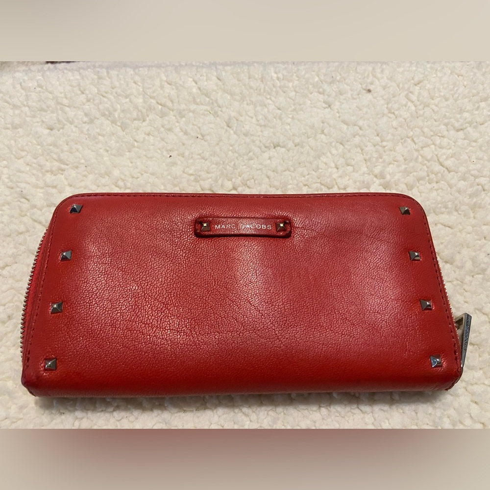 Marc Jacobs Red Studded Leather Zip Around Continental Wallet Made in Italy